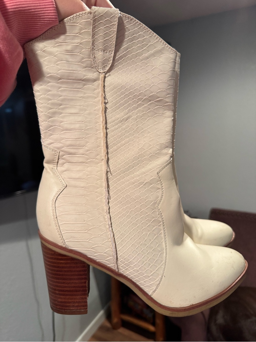 MIA Cream Textured Western Block Heel Boots